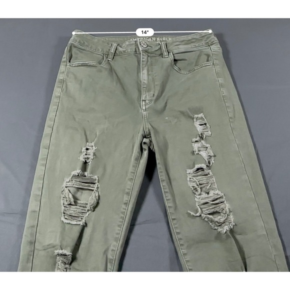 American Eagle Hi-Rise Jegging Olive Green Distressed Super Stretch Jeans Sze 12 - Picture 2 of 11